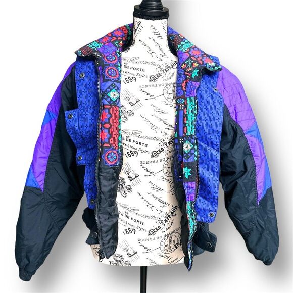 Vintage Edelweiss Skiwear Women’s Ski Bunny Bomber Jacket M Black Purple Retro - Picture 3 of 10